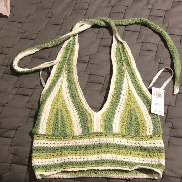 Hollister green and white knitted halter top. Size small - Picture 1 of 3